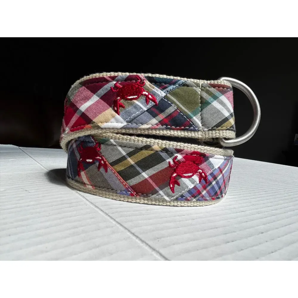 L.L. Bean Womens S/M Madras Plaid Patchwork Embroidered Crab Belt D-Ring Canvas